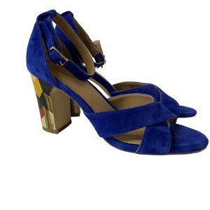 Anthropologie Cobalt Blue Suede Block Heel Sandals with Geometric Accent